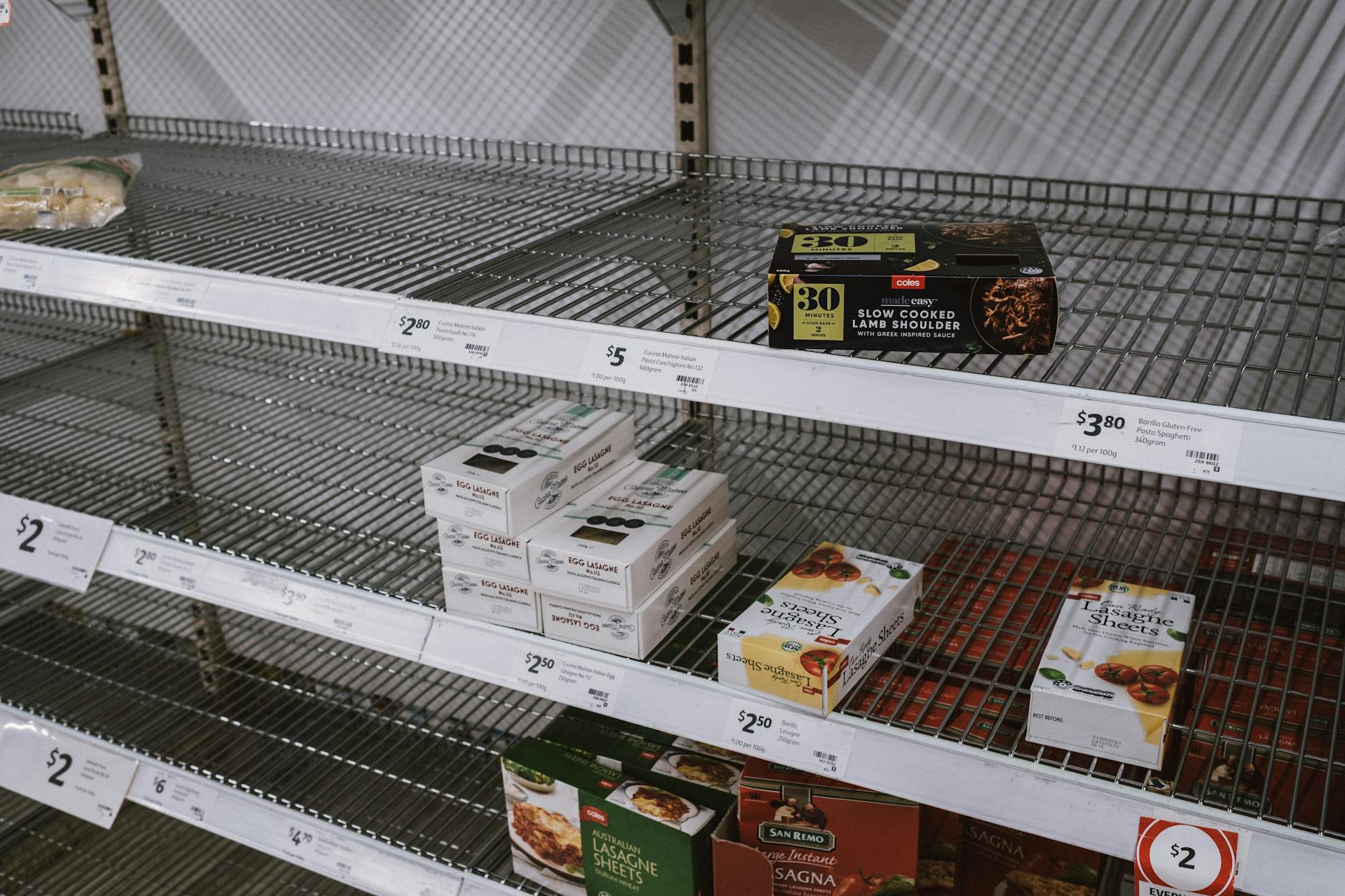 Image of partially empty grocery shelves in Sydney highlighting food scarcity.
